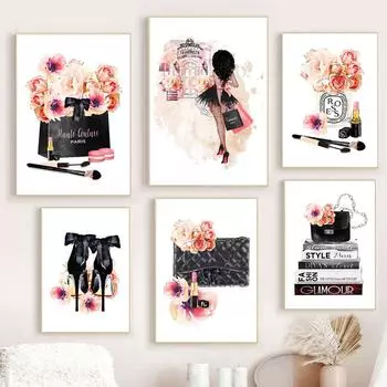 Модная сумка на высоком каблуке, губная помада, духи, настенная живопись на холсте, постеры на скандинавскую тему и принты, настенные панно для декора гостиной A4 21X30cm No Framed