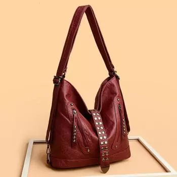 Модная сумка с заклепками, большая вместительная, женская, новая, универсальная, наплечная сумка, модная, многоцелевая, сшитая из мытой кожи, косая сумка-тоут коричневый