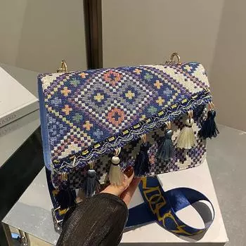 Модная сумка в стиле бохо, новая сумка через плечо с широким ремнем, сумка через плечо с кисточками, модная сумка через плечо Hundred чёрный