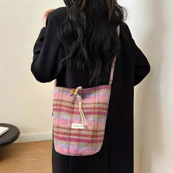 Модная сумка-ведро для женщин, осень и зима, новая универсальная шерстяная клетчатая сумка через плечо с диагональным ремешком