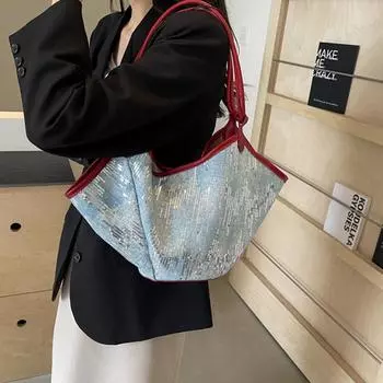 Модная сумка-ведро с пайетками в стиле ретро, контрастные цвета, джинсовые сумки через плечо, женская повседневная сумка через плечо для поездок на работу и обратно, большая вместимость