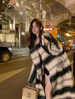 Модная свободная элегантная полосатая овечья курчавая куртка женская мода осень-зима теплое свободное длинное пальто one size бежевый