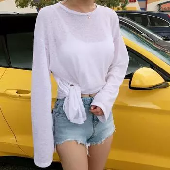 Модная свободная белая футболка с длинным рукавом для женщин, повседневная однотонная тонкая сексуальная женская футболка-пуловер с солнцезащитным кремом, темпераментная женская футболка на бретельках 26000 One Size слоновая кость