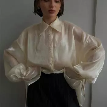 Модная свободная бежевая рубашка женская повседневная солнцезащитная однотонная верхняя одежда на пуговицах с длинным рукавом тонкая прозрачная рубашка S