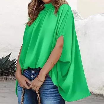 Модная свободная блузка с коротким рукавом «летучая мышь», женская летняя повседневная рубашка, элегантная свободная одежда на шнуровке, офисные топы 25026 S зелёный