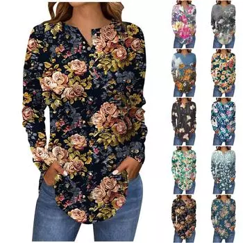 Модная свободная футболка с длинным рукавом и цветочным принтом на пуговицах, топ-пуловер L циан