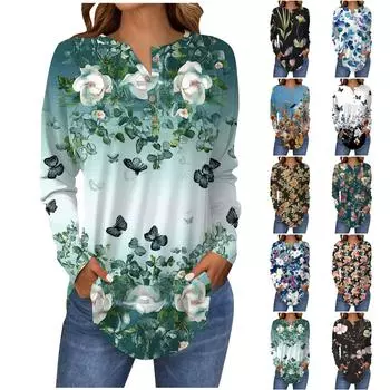 Модная свободная футболка с длинным рукавом и цветочным принтом на пуговицах, топ-пуловер L циан