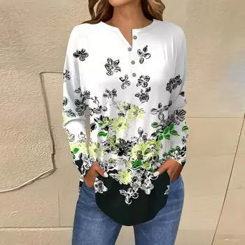 Модная свободная футболка с длинным рукавом и цветочным принтом на пуговицах, топ-пуловер S светло-синий