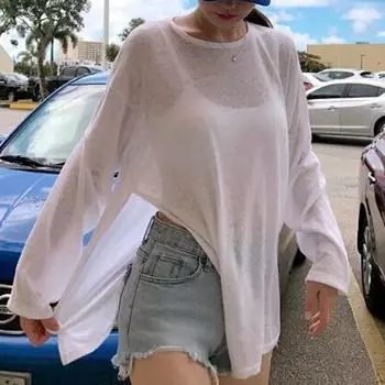 Модная свободная футболка с длинным рукавом и солнцезащитным кремом для женщин, прозрачная, свободная, повседневная, тонкая, сексуальная, женская, пуловер, футболка на бретельках, топ 2821 One Size слоновая кость