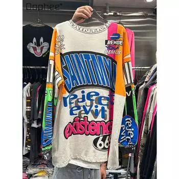 Модная свободная футболка с длинными рукавами и буквенным принтом, женская, весна-осень 2023 года, круглый вырез, топ из хлопка средней длины S