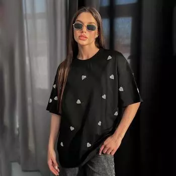 Модная свободная футболка с половиной рукавов, женская футболка с открытыми плечами, летняя футболка в стиле Ins Love Diamond, базовый абзац с круглым вырезом и коротким рукавом L чёрный