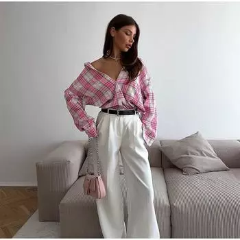 Модная свободная клетчатая женская офисная рубашка с винтажными лацканами и длинным рукавом, элегантная классическая блузка, женская одежда со съемными рукавами S розовый