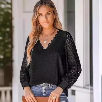 Модная свободная кружевная белая рубашка с V-образным вырезом в стиле пэчворк для женщин, элегантные винтажные свободные женские блузки с рукавами-фонариками, ажурные однотонные повседневные рубашки, новинка 26351 S чёрный