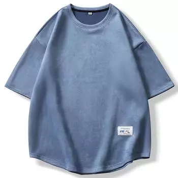 Модная свободная одежда. Модный бренд в гонконгском стиле. Студенческая замшевая футболка с круглым вырезом и короткими рукавами. Мужская искусственная короткая футболка из двух частей с половиной рукавов.