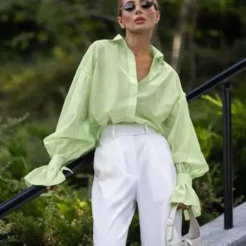Модная свободная однотонная женская блузка 2025 года, элегантная с лацканами, с длинным рукавом, офисная женская рубашка, повседневный классический топ, весенняя женская одежда S зелёный