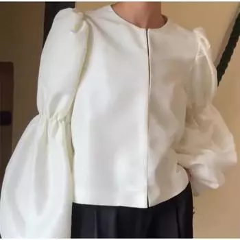 Модная свободная однотонная женская рубашка 2025 года, весна, повседневная, с круглым вырезом, с рукавами-фонариками, женские рубашки, элегантная классическая женская одежда, топ S чёрный