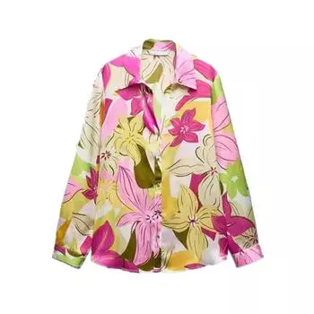 Модная свободная повседневная рубашка с длинными рукавами и цветочным принтом Pink S