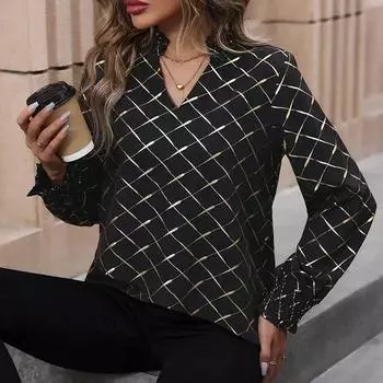 Модная свободная простая рубашка с v-образным вырезом и принтом, винтажная клетчатая блузка с длинными рукавами, осенние повседневные офисные женские топы, Blusas Mujer 30138 S чёрный