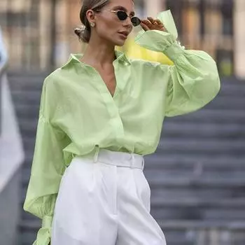Модная свободная розовая офисная женская блузка 2024 года, элегантные офисные рубашки с длинным рукавом и лацканами, повседневная классическая верхняя женская одежда S зелёный