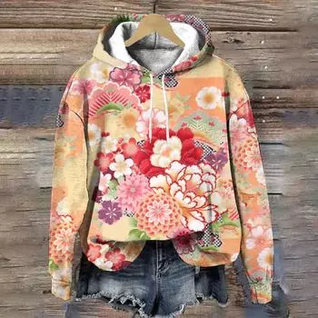 Модная свободная толстовка с длинными рукавами для женщин с изысканным цветочным принтом Harajuku, толстовки с капюшоном, женские толстовки на осень/зиму S