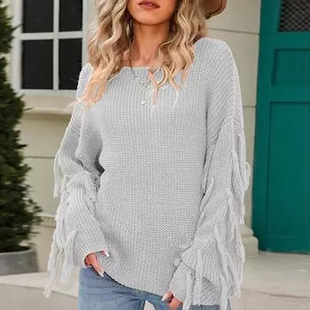 Модная свободная женская одежда 2022, осенне-зимняя новая однотонная трикотажная одежда, женский пуловер большого размера с кисточками, женский свитер S чёрный