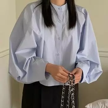 Модная свободная женская рубашка с рукавами-фонариками, винтажная однобортная блузка, женская одежда, однотонные элегантные тонкие топы Fashoin 29931 S синий