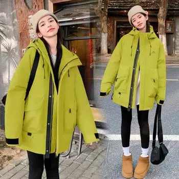 Модная свободная зимняя рабочая куртка в американском стиле с капюшоном - унисекс M хаки