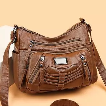 Модная тенденция Four Seasons Soft Leather Multilayer Multi Pockets Car Sewing Multilayer Single Shoulder Crossbody Bag Женская сумка коричневый