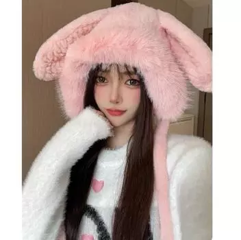 Модная теплая милая плюшевая шапка для девочек, женская зимняя милая осенне-зимняя праздничная шапка с кроличьими ушками, вязаная шапка для лыж, подарок