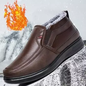 Модная теплая мужская обувь, зимние ботинки, искусственная кожа, меховая подкладка, мужские плоские ботильоны для пожилых людей, водонепроницаемая обувь среднего размера 39 темно-коричневого