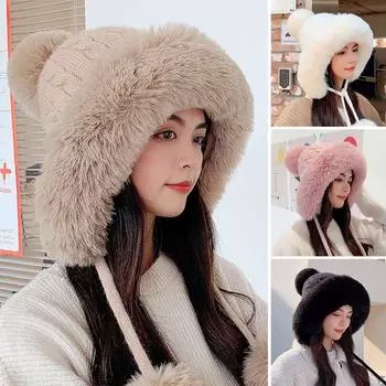 Модная теплая зимняя шапка Kawaii, милая плюшевая шапка, утолщенная защитная шапка для ушей для женщин розовый