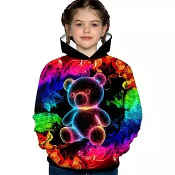 Модная толстовка с длинным рукавом для девочек - яркий красочный графический принт с изображением медведя и пламени, повседневная одежда, идеально подходящая для школы или активного отдыха 100CM