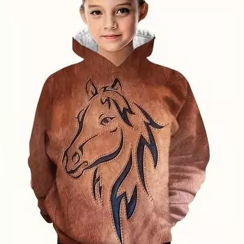 Модная толстовка с длинным рукавом и принтом лошади для девочек - мягкая, уютная, уникальный дизайн для осени и зимы, одежда для школы 100