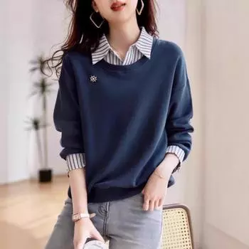 Модная толстовка с длинными рукавами для женщин, стильная, осенняя, повседневная, утягивающая, имитация двухкомпонентной толстовки для женщин, пуловеры и длинные рукава для женщин S тёмно-синий