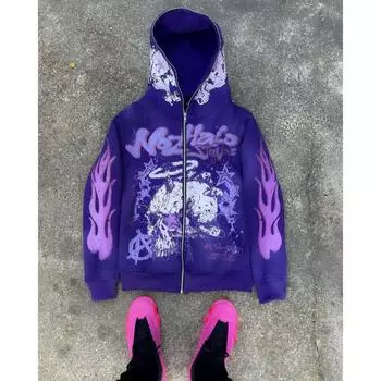 Модная толстовка с капюшоном American Ins Zipper Y2K, мужская и женская толстовка American Ins Hip Hop с камуфляжным узором и вышитыми буквами, свободного покроя S чёрный