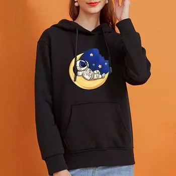 Модная толстовка с капюшоном для женщин Harajuku Свободный спортивный свитер с принтом Луны и астронавта Повседневные уличные толстовки с капюшоном с большим карманом и длинным рукавом S