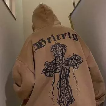 Модная толстовка с капюшоном High Street Cross на осень/зиму — унисекс, свободный крой, стильный принт M чёрный