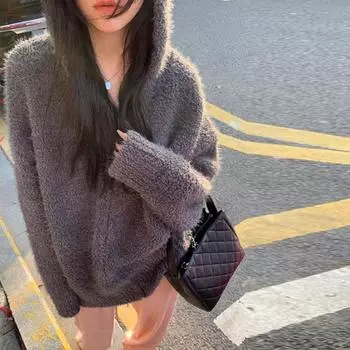 Модная толстовка с капюшоном на молнии для женщин, повседневная зимняя одежда больших размеров, толстовка Harajuku, куртка, свободные вязаные кардиганы one size белый