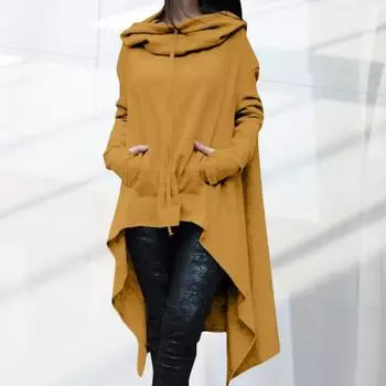 Модная толстовка с капюшоном размера плюс неровный подол хлопок длинный рукав рыбий хвост однотонный цвет XXXXL чёрный