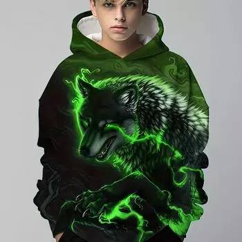 Модная толстовка с капюшоном с 3D-принтом Luminous Wolf для мальчиков и девочек, крутые спортивные повседневные топы в стиле хип-хоп, стильная уличная одежда 100