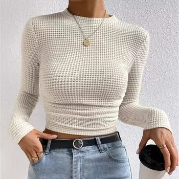 Модная тонкая футболка с круглым вырезом и длинным рукавом, элегантная однотонная трикотажная повседневная футболка для женщин, простая базовая женская укороченная футболка-пуловер 26148 S абрикосовый