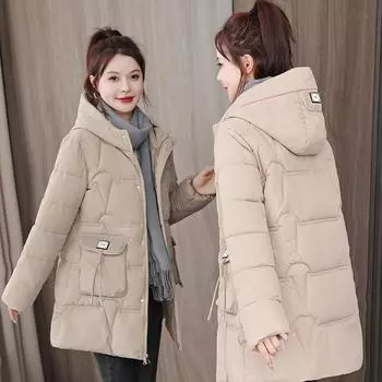 Модная тонкая куртка из хлопка с капюшоном, женская новая зимняя утепленная куртка средней длины из хлопка M чёрный