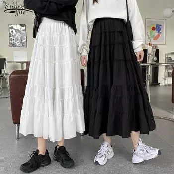 Модная тонкая юбка с высокой талией, женская осенняя лоскутная шифоновая юбка трапециевидной формы, женская повседневная однотонная винтажная шикарная длинная юбка 17083 OneSize чёрный
