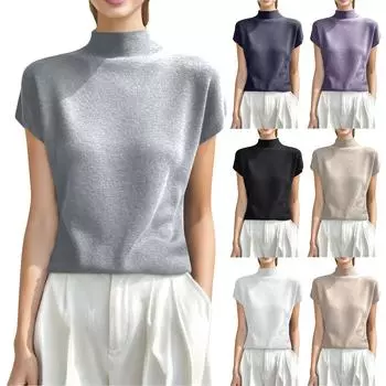 Модная трикотажная футболка с коротким рукавом и полувысоким воротом для женщин L бежевый