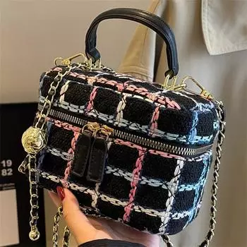 Модная твидовая сумка через плечо в клетку для женщин, повседневная универсальная женская сумка через плечо с цепочкой покупок, большая вместительная сумка с ручкой 17 x 12 x 9 cm чёрный