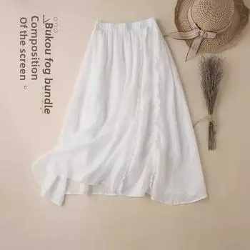 Модная юбка А-силуэта из хлопка и льна с высокой талией: Платье средней длины с оборками по краям для стройнящего, свободного покроя. Extra Large