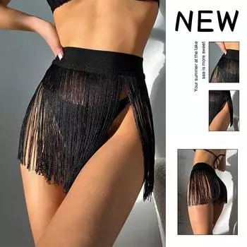 Модная юбка с кисточками. Пляжные плавки в Европе и США. Пакет. Праздничная юбка-бикини с высокой талией. XL чёрный