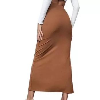 Модная юбка с высокой талией, элегантная юбка с высокой талией, облегающая бедра, для женщин, однотонная юбка до середины бедра с разрезом по низу для работы M чёрный