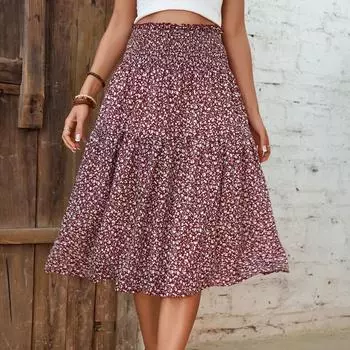 Модная юбка с высокой талией для женщин, женская летняя новая юбка с принтом в виде полуюбки, корейские юбки с цветочным принтом S бордовый