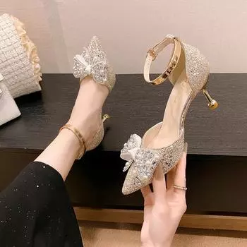 Модная удобная обувь для женщин, босоножки на высоком каблуке, блестящие, блестящие, 2024, летний костюм, женский, бежевый, на высоком каблуке, яркий, с острым носком, новый, закрытый, весна 35